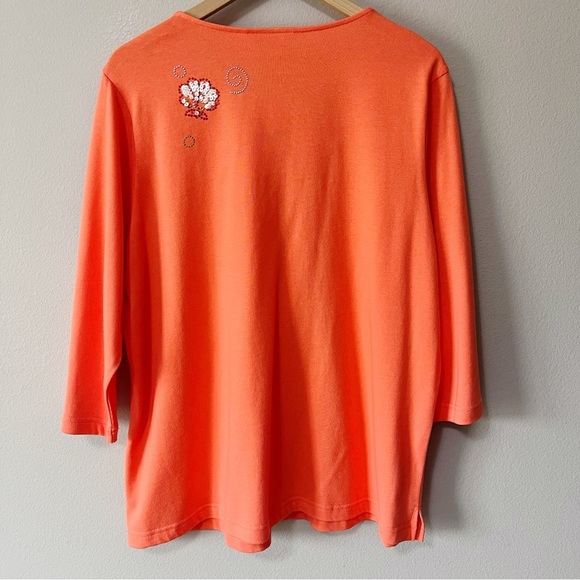Quacker Factory Coral Orange Rhinestone Sequin Under the Sea 3/4 Sleeve Top 1X - Picture 6 of 10